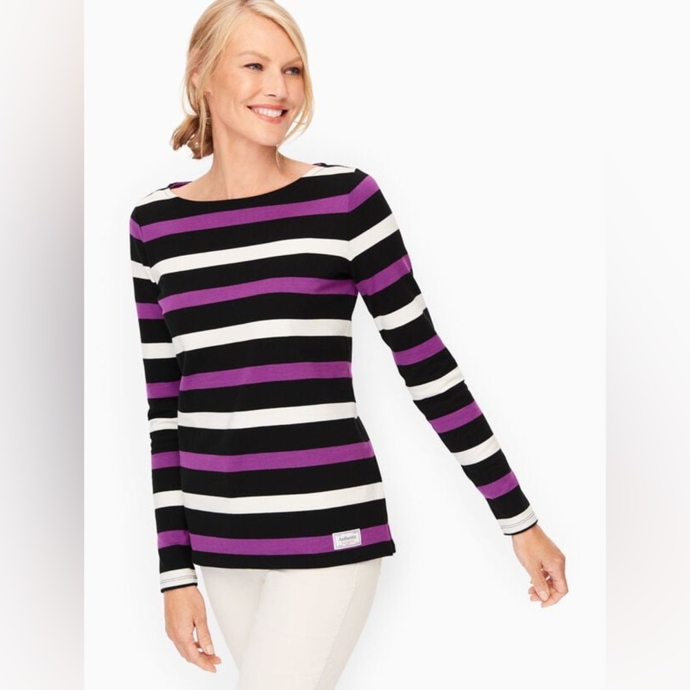 💜 Talbots Classic Vista Stripe Authentic Long Sleeve Tee XS 100% Cotton EUC